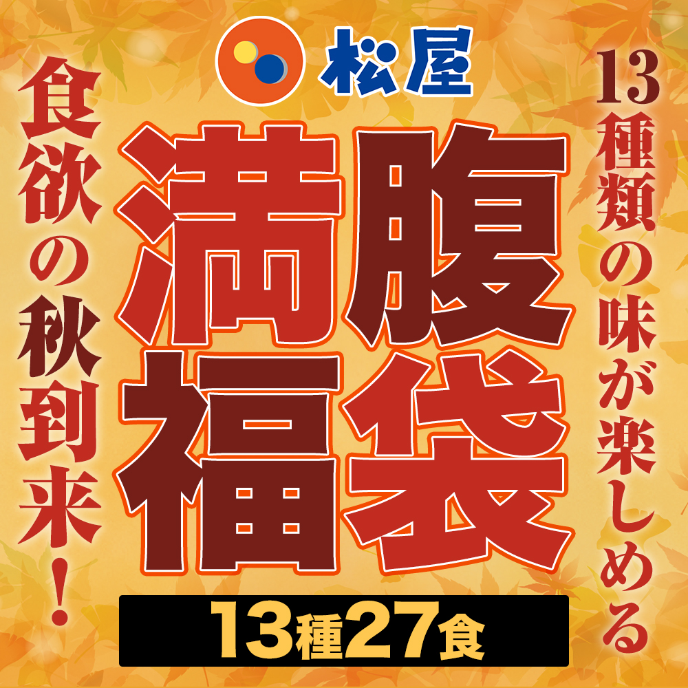 (衝撃の63%OFF 単品合計価格17,280円→6,290円) 松屋 秋の満腹福袋 お試し大ボリュームセット 13種27食  牛丼 牛丼の具 牛めし 福袋