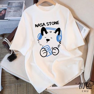 初色 寬鬆顯瘦圓領短袖插圖字母印花中大碼休閒T恤上衣女上衣-共5色-11597(M-3XL可選)