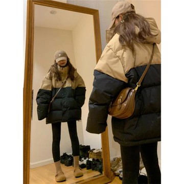 黑色撞色羽絨服女款冬季2024新款中長款設計感小眾白鴨絨連帽外套