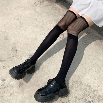 【臺灣有貨】拚接壓力jk女夏薄款豎條性感顯瘦大腿襪高筒新款瘦腿黑絲過膝襪