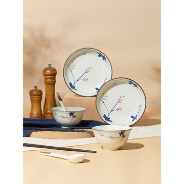 共禾京品復古韻味花語餐具高顏值碗盤套裝8件套二人食釉下彩工藝