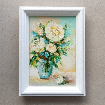 白玫瑰原創油畫、微型花卉藝術品、花牆藝術