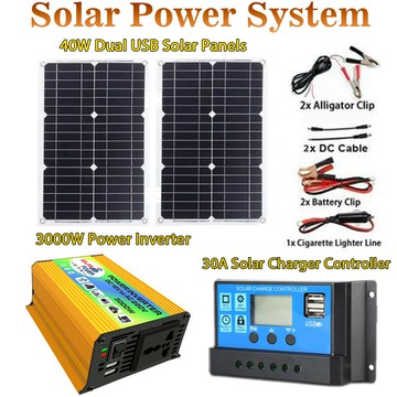戶外電源 大功率逆變器 車載電瓶轉換 汽車備用電源太陽能系統套裝組合逆變器12V轉220V/110V+40W太陽能板+30A控制器
