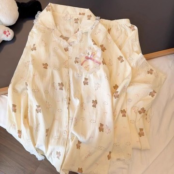 Healthy baby 女童小熊花邊睡衣春秋季新款雲朵棉中大童可愛開衫長袖長褲家居服女童居家服 睡衣套裝