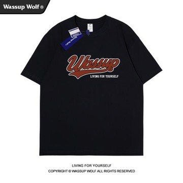 Wassup Wolf美式復古Vintage字母重磅短袖t恤男潮牌情侶純棉半袖