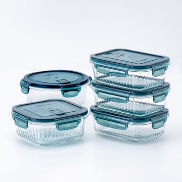 【CookPower 鍋寶】平邊豎條紋防滑玻璃保鮮盒大容量5入組