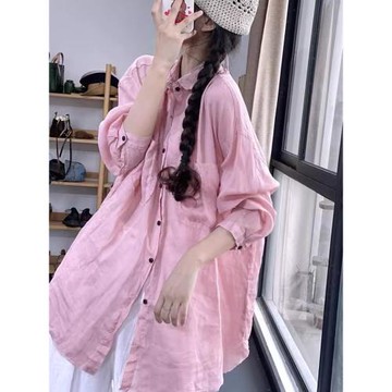 中長款寬松長袖襯衫2025夏季新款森女系上衣女士純色苧麻防曬開衫