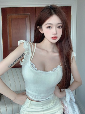 夏季新款純欲風性感帶胸墊蕾絲吊帶小背心女飛飛袖上衣兩件套