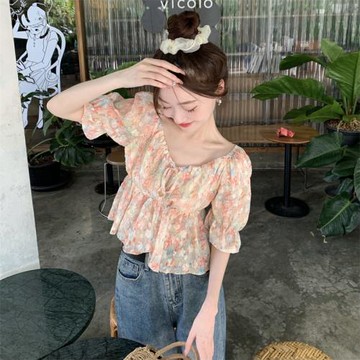 減齡小眾碎花短袖系帶雪紡襯衫