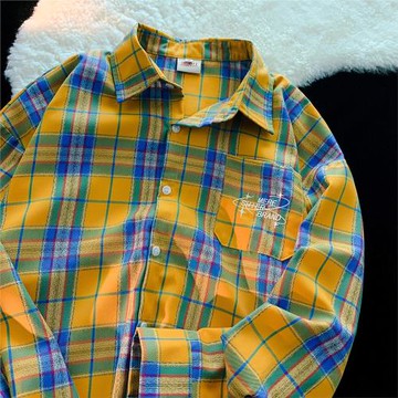 JIANYINZ美式復古黃色格子襯衫男女寬松春秋外穿長袖情侶格紋襯衣