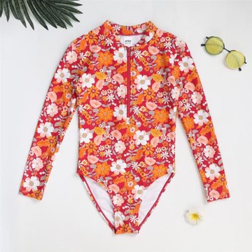 新款外貿單遮陽防曬長袖泳衣女孩連體游泳衣中大童學生泳裝7-16歲