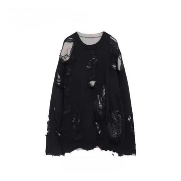 歐美高街假兩件oversize破洞毛衣男女秋冬季慵懶風鏤空美式針織衫