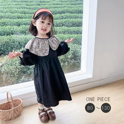キッズ ワンピース 黒 ブラック 襟 花柄 長袖 春 デザイン 女の子 80cm 90cmj 100cm 110cm 1cm 130cm 通販 Lineポイント最大get Lineショッピング