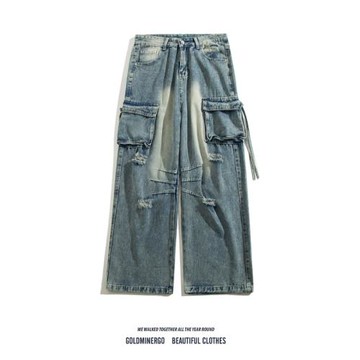 美式復古破洞工裝牛仔褲男潮牌高街直筒運動褲寬松百搭闊腿長褲子