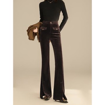 咖色金絲絨微喇褲女秋冬季2025新款高腰加絨顯瘦開叉馬蹄喇叭褲子