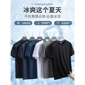啄木鳥冰絲短袖男夏季薄款寬松圓領吸汗透氣上衣休閑運動速干半袖