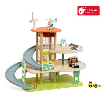 【德國 classic world 客來喜經典木玩】綠能立體升降停車塔/軌道停車塔(附直升機、小汽車)
