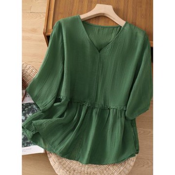 文藝純色V領棉麻襯衫女夏季木耳邊拼接媽媽遮肚顯瘦娃娃衫上衣薄