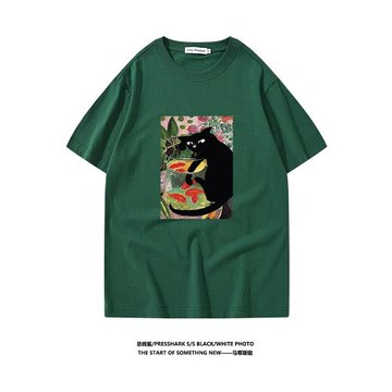 馬蒂斯貓 趣味藝術插畫貼布印花夏季小眾新款T恤男短袖女重磅寬松