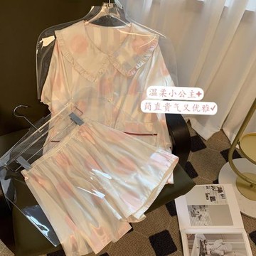 高級感冰絲睡衣女夏天薄款短袖短褲粉色波點少女絲綢家居服套裝
