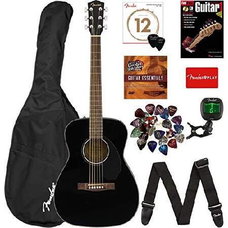 Fender CC-60S Concert Acoustic Guitar Black Bundle with Gig Bag, Tuner, Strap, Strings, Picks, Fender Play Online Lessons, Instructional Book, and A