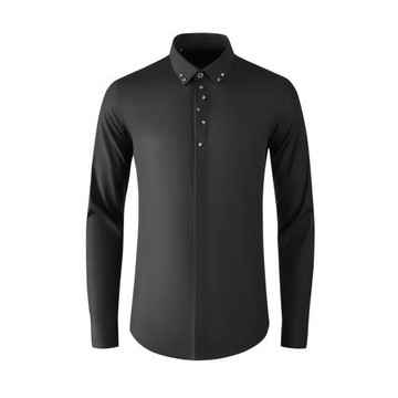 秋季男黑白襯衫領子金屬鉆裝飾設計感潮流男裝個性修身長袖襯衣