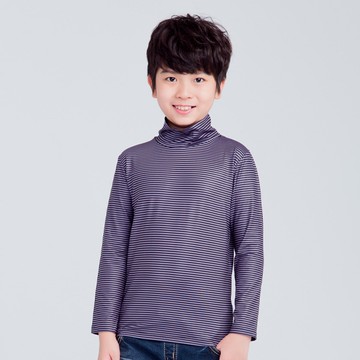 MIT 細條紋溫灸刷毛高領發熱衣(灰黑 童80-150)