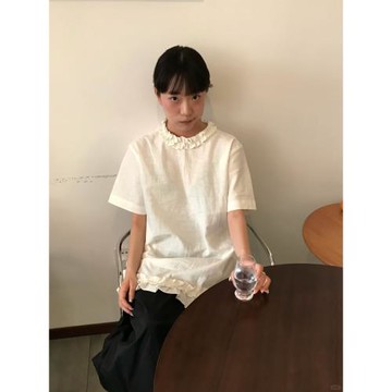 PlaceOrder“花信風”日系夏季亞麻花瓣領后系帶短袖小衫上衣女夏