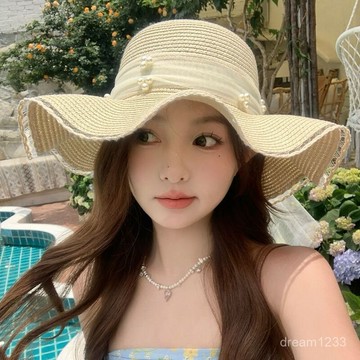 海邊度假🌟 蕾絲珍珠波浪邊蝴蝶結草帽女夏季遮陽海邊度假大帽簷防曬太陽帽子沙灘帽 防曬帽