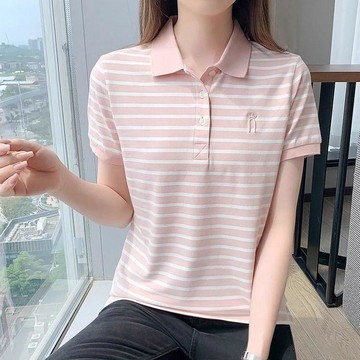 夏季減齡設計感條紋短袖新款時尚T恤上衣舒適顯瘦POLO百搭休閒
