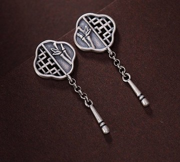 女士空心窗格子竹葉耳環泰國銀民族復古