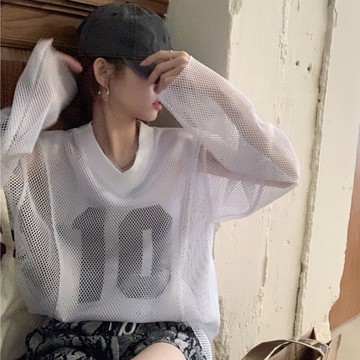 字母印花網紗圓領長袖t恤女年新款夏季韓版寬松顯瘦百搭上衣