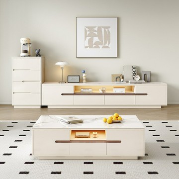 免運 開立發票  奶油風電視機柜茶幾組合現代簡約客廳家用小戶型實木落地巖板地柜