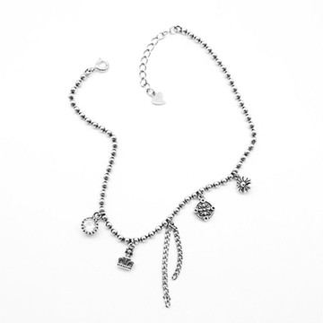 赫莫薩 女性 925純銀 日常 硫化 疊戴 復古 銀珠 鋯石 腳鍊  長度 21.5cm  銀色油畫