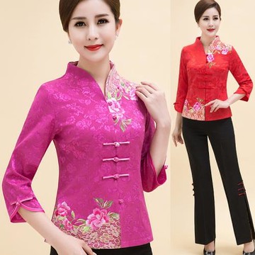 中老年女夏七分袖刺繡上衣棉唐裝套裝襯衫民族風婚禮修身媽媽裝夏