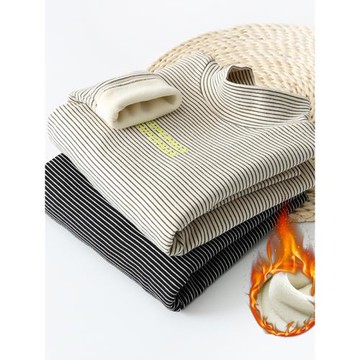 女童半高領打底衫兒童裝秋冬套頭上衣加絨加厚中大童條紋內搭冬裝