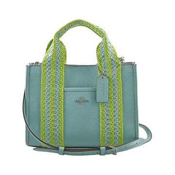 COACH 草編風織帶綠松石色荔枝紋手提/斜背小款立體方包