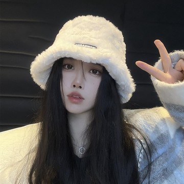最新網紅🔥保暖帽 漁夫帽 白色毛毛漁夫帽子女冬季2024新款加絨保暖韓版百搭素顏水桶盆帽