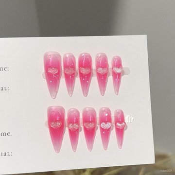 ➕最新設計款穿戴甲💅純手工穿戴甲片高級感熒光粉色長款美甲片歐美愛心假指甲貼片長尖穿戴甲 N4SA