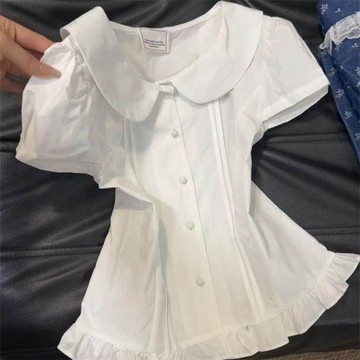 夏新款韓版修身娃娃領荷葉邊拼接甜美減齡顯瘦百搭短襯衫女 AJ299