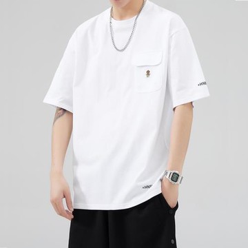 美式復古短袖t恤男夏季口袋設計感潮流休閑寬松圓領刺繡半袖體恤