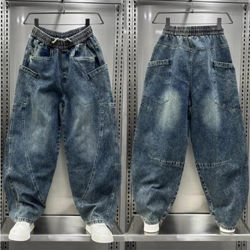 潮牌美式高街休閑彎刀牛仔褲男春秋季痞帥多口袋寬松直筒工裝褲男
