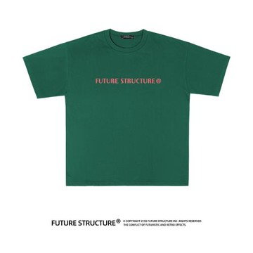 未來結構寬松落肩原創設計綠色字母圓領短袖夏季休閑印花T恤男女