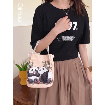 典舍X花花醬 日系水墨可愛花花熊貓周邊手提學生帆布袋水桶包K345