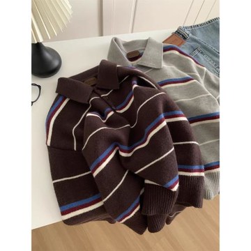 zdm大碼300斤撞色條紋翻領針織衫女秋冬保暖紐扣套頭軟糯毛衣外套