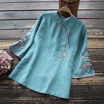 春秋法式復古大碼民族風刺繡盤扣t恤女設計感小眾中國風棉麻上衣