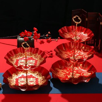 結婚果盤紅婚禮喜慶喜盤家用客廳茶幾塑料喜糖干果零食盤婚慶盤子