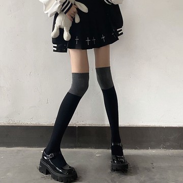 現貨速發 過膝襪 大腿襪 過膝長襪 長筒襪 日系jk灰黑色拼接高長筒過膝襪子女中筒小腿襪秋冬美式網紅ins潮 及膝襪