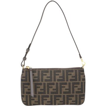 FENDI 芬迪 Baguette FF 背帶可拆 老花帆布扁型手拿包(菸草棕)